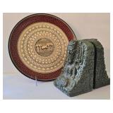 K - Ethnic Stone Bookends & Wooden Platter Mixed Lot