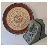 K - Ethnic Stone Bookends & Wooden Platter Mixed Lot
