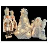 LL-ST - Christmas Decor Lighted Tinsel Tree Nutcracker Pair & Santa Topper (Lot of 3)