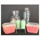 K - Vintage Kitchen Collectibles Mixed Lot Pyrex Refrigerator Dishes Anchor Hocking Carafe