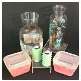 K - Vintage Kitchen Collectibles Mixed Lot Pyrex Refrigerator Dishes Anchor Hocking Carafe