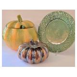 K - Pumpkin Soup Crock, Leaf Plate & Lacquered Pumpkin Bordalo Pinheiro Set