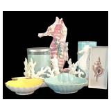 K - Coastal Decor Mixed Lot Coral Candleholders, Clay Seahorse & Shell Dishes