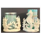 K - Coastal Decor Mixed Lot Coral Candleholders, Clay Seahorse & Shell Dishes