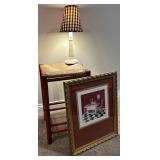 Framed Kitchen Print, Woven Top Stool and Lamp