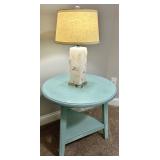 26" Round Aqua Side Table With Lower Shelf & Lamp