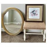Gold Oval Mirror, Framed Bird Print & Upholstered Bench Mixed Lot