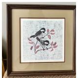 Gold Oval Mirror, Framed Bird Print & Upholstered Bench Mixed Lot