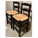 Pair of Black Rush Seat Bar Stools