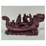 Chinese Carved Red Resin Dragon Boat