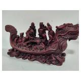 Chinese Carved Red Resin Dragon Boat