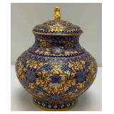 Vintage Exquisite Chinese Covered Decorative Gilded Cloisonne Urn With Wood Stand 9"