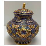 Vintage Exquisite Chinese Covered Decorative Gilded Cloisonne Urn With Wood Stand 9"