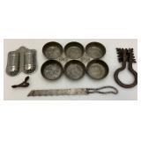 Misc. Vintage Items Including Double Tin Match Holder, Muffin Tin, Metal Door Knocker And More