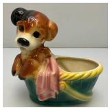 Vintage Royal Copley Puppy In Wagon Planter 4" x 6 1/2" x 6 3/4"