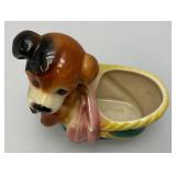 Vintage Royal Copley Puppy In Wagon Planter 4" x 6 1/2" x 6 3/4"