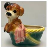Vintage Royal Copley Puppy In Wagon Planter 4" x 6 1/2" x 6 3/4"