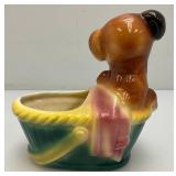 Vintage Royal Copley Puppy In Wagon Planter 4" x 6 1/2" x 6 3/4"
