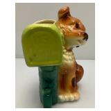 Vintage Royal Copley Puppy With Mailbox Planter 4 1/2" x 8" x 8" (Tiny Hairline Crack On Top Back Of Mailbox And Tail Repaired)