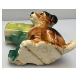 Vintage Royal Copley Puppy With Mailbox Planter 4 1/2" x 8" x 8" (Tiny Hairline Crack On Top Back Of Mailbox And Tail Repaired)