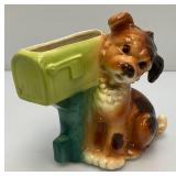 Vintage Royal Copley Puppy With Mailbox Planter 4 1/2" x 8" x 8" (Tiny Hairline Crack On Top Back Of Mailbox And Tail Repaired)