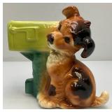 Vintage Royal Copley Puppy With Mailbox Planter 4 1/2" x 8" x 8" (Tiny Hairline Crack On Top Back Of Mailbox And Tail Repaired)