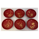 Vintage Mid-Century Japanese Lacquerware Botanical Bowls 1 1/2" x 6" (One Bowl Repaired)