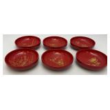 Vintage Mid-Century Japanese Lacquerware Botanical Bowls 1 1/2" x 6" (One Bowl Repaired)