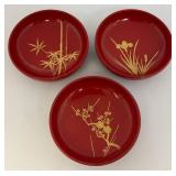 Vintage Mid-Century Japanese Lacquerware Botanical Bowls 1 1/2" x 6" (One Bowl Repaired)