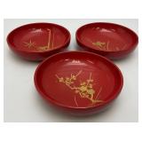 Vintage Mid-Century Japanese Lacquerware Botanical Bowls 1 1/2" x 6" (One Bowl Repaired)