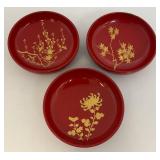 Vintage Mid-Century Japanese Lacquerware Botanical Bowls 1 1/2" x 6" (One Bowl Repaired)
