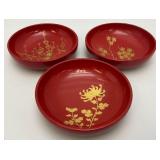 Vintage Mid-Century Japanese Lacquerware Botanical Bowls 1 1/2" x 6" (One Bowl Repaired)