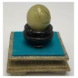 Vintage Miniature Hand Painted Jade Egg With Display Case 3" x 5" Display Case, Egg is 1 1/4" x 1 1/2"