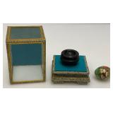 Vintage Miniature Hand Painted Jade Egg With Display Case 3" x 5" Display Case, Egg is 1 1/4" x 1 1/2"