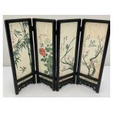 Vintage Oriental Hand Painted Silk Tabletop Folding Screen 11 1/2" x 16"