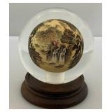 Vintage Chinese Collectible Reverse Painted Glass Crystal Ball With Stand 4"
