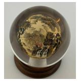 Vintage Chinese Collectible Reverse Painted Glass Crystal Ball With Stand 4"