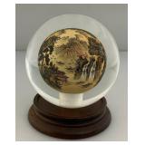 Vintage Chinese Collectible Reverse Painted Glass Crystal Ball With Stand 4"