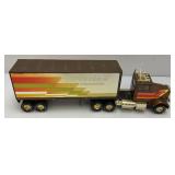 Two Vintage Nylint Pressed Steel Trucks Including Firestone Semi (Missing Pin For Trailer Hook Up) 25" And Nylint Racing Team Tow Truck (missing Tow Hook) 15"