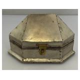 Antique Hexagonal Metal Jewelry Box With Latch Closure 3 1/2" x 4" x 6"