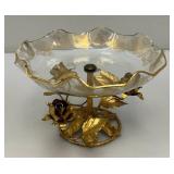 Vintage Mid-Century Gilt Italian Tole Dish 6" x 8" Gold Tone Lip And Print