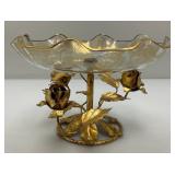 Vintage Mid-Century Gilt Italian Tole Dish 6" x 8" Gold Tone Lip And Print