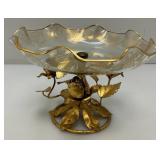 Vintage Mid-Century Gilt Italian Tole Dish 6" x 8" Gold Tone Lip And Print