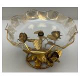 Vintage Mid-Century Gilt Italian Tole Dish 6" x 8" Gold Tone Lip And Print
