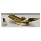 Vintage Bull Horn Ashtray And Crystal Table Lighter