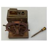 Antique ROSON 1939 Art Deco Dureum Brass Nautical Desk Touch-Tip Lighter Heavy Metal (One Tip Broken On Wheel) 2 3/4" x 3 1/4" x 4 1/2"