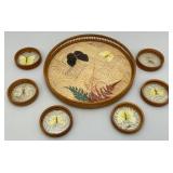 Vintage Mid-Century 11" Bamboo Serving Tray And Coasters With Mounted Butterflies