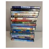 Collection of Disney and family-friendly DVDs, including popular titles like Monsters, Inc., Toy Story 3, and The Lion King 2: Simba