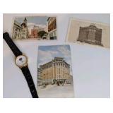 Vintage postcards and a souvenir watch highlighting The Saint Paul Hotel in Saint Paul, Minnesota