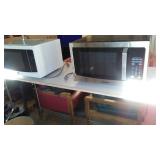 Rolling Stainless Shelving, Microwaves (2) and Stools (3).